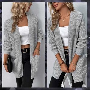 💫Rib-Knit Open Front Pocketed Cardigan